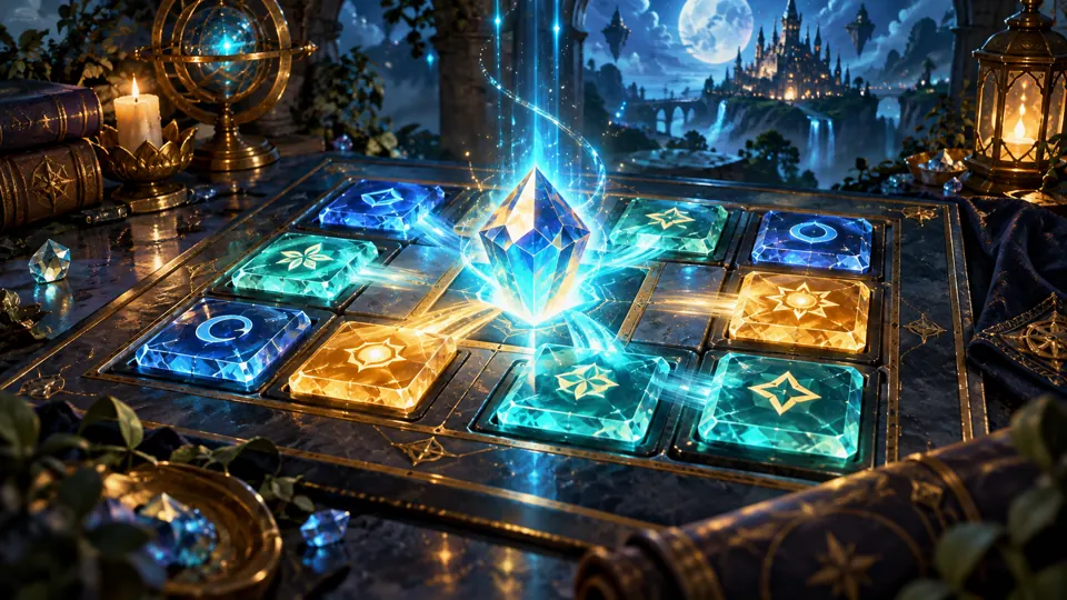 Glowing numerical puzzle tiles merging in an enchanted chamber