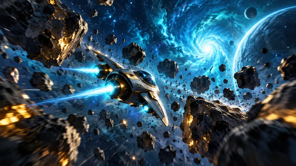 A small ship weaving through a dramatic blue asteroid field
