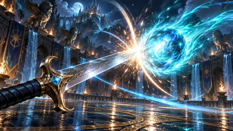 A silver blade deflecting a glowing sphere in a fantasy arena