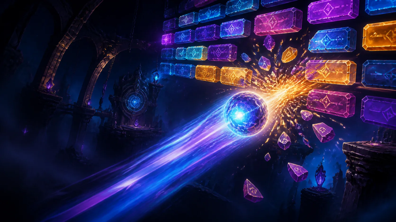 A charged crystal sphere shattering enchanted neon bricks inside a celestial arcade chamber
