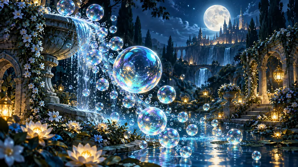 Iridescent bubbles floating through a moonlit garden