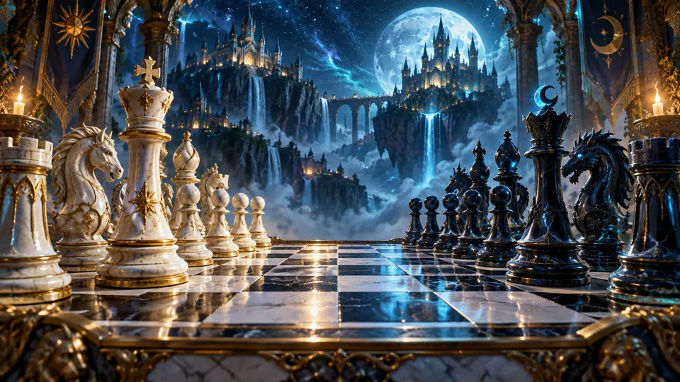 An ornate marble chessboard with opposing fantasy pieces