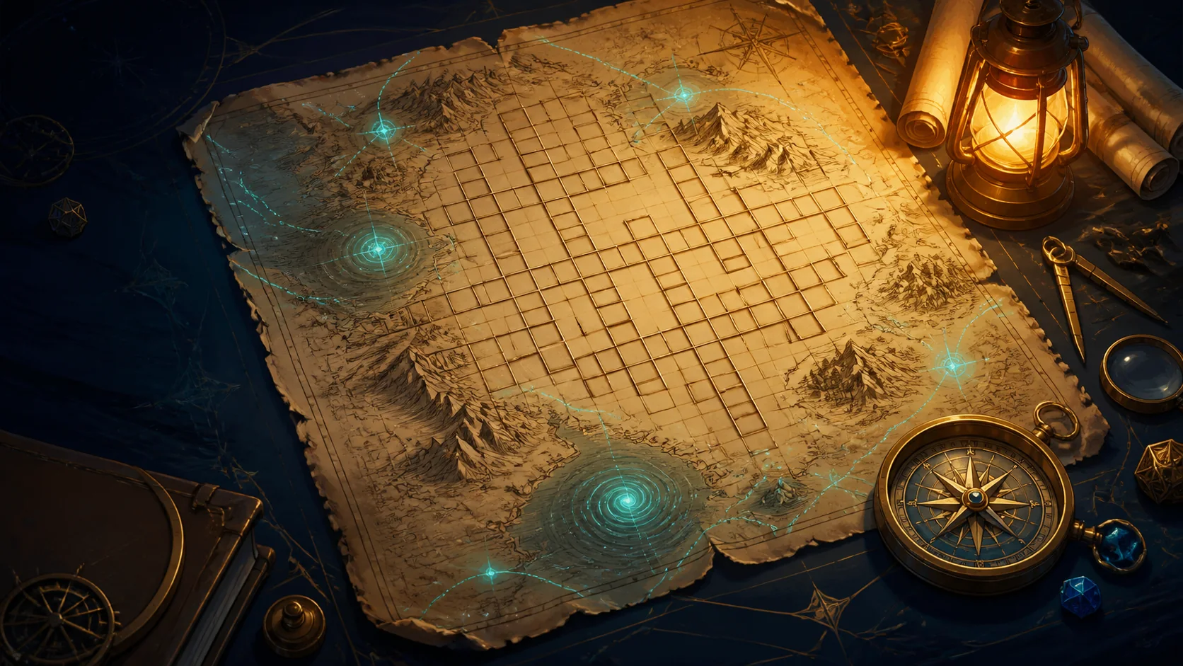 A lantern-lit fantasy map with a crossword grid, compass, and glowing cyan routes