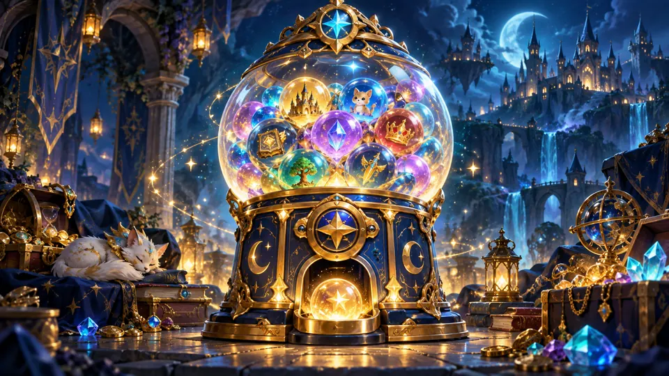 A magical prize machine filled with radiant orbs and treasure
