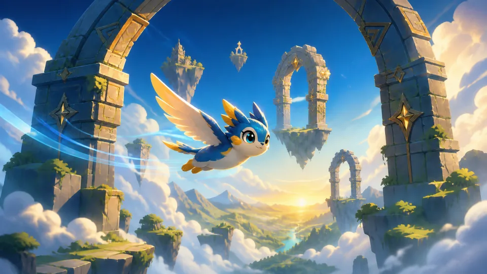 A tiny blue winged creature flying through ancient sky ruins