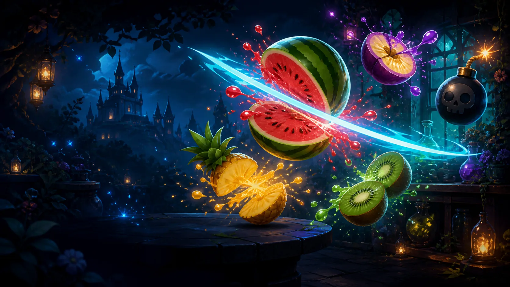 Magical fruit suspended above an alchemist garden as a cyan blade trail slices through it