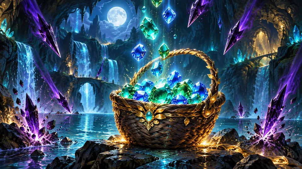 Luminous gems tumbling into a magical puzzle grid