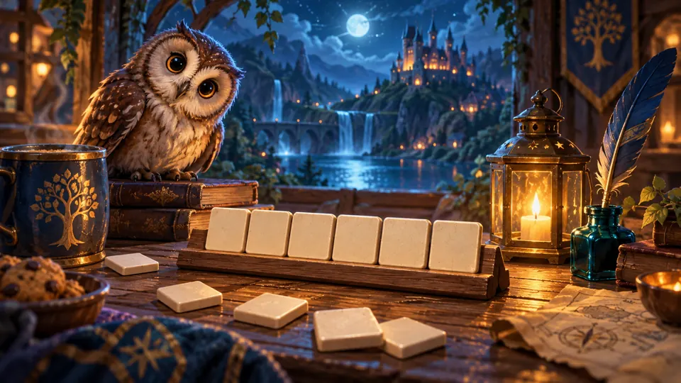 A friendly word puzzle with blank tiles and quill on a tavern table
