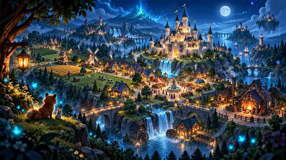 A miniature fantasy kingdom with a castle, farms and workshops