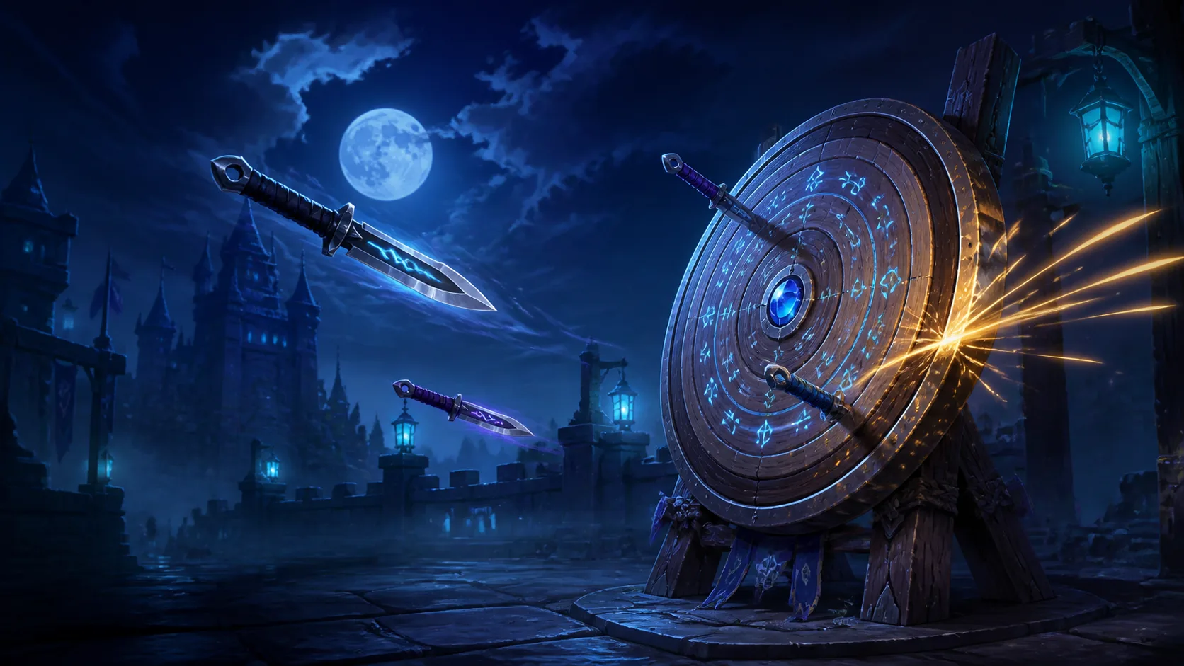 Enchanted throwing daggers striking a rune-carved target in a moonlit castle courtyard