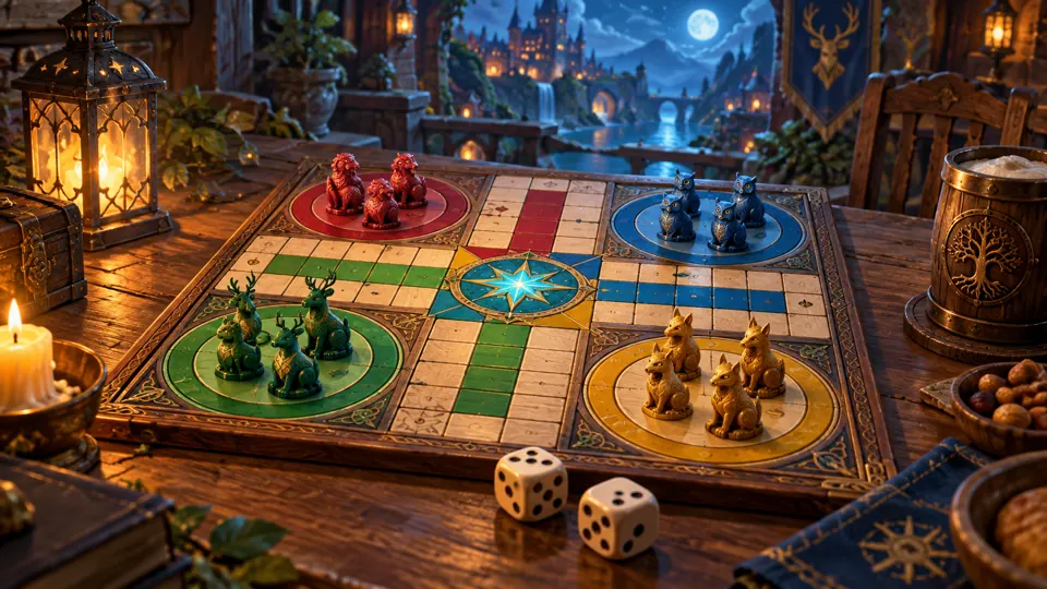 An ornate fantasy board game with colorful paths and pieces