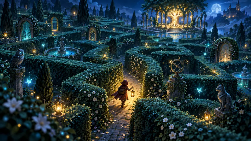 A lantern-bearing adventurer navigating a lush hedge maze