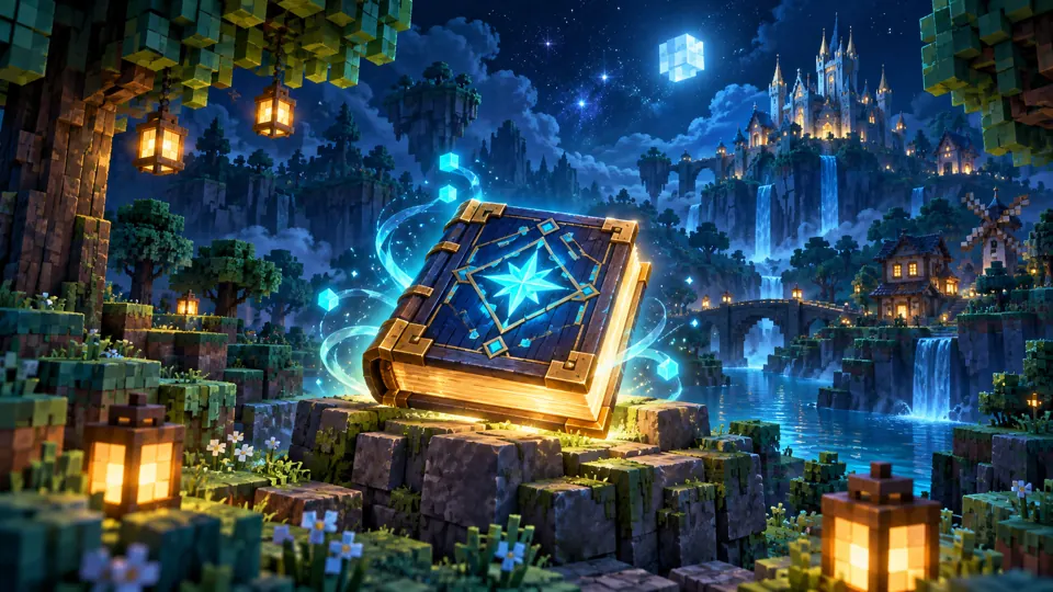 A blocky fantasy landscape beside a glowing lore book