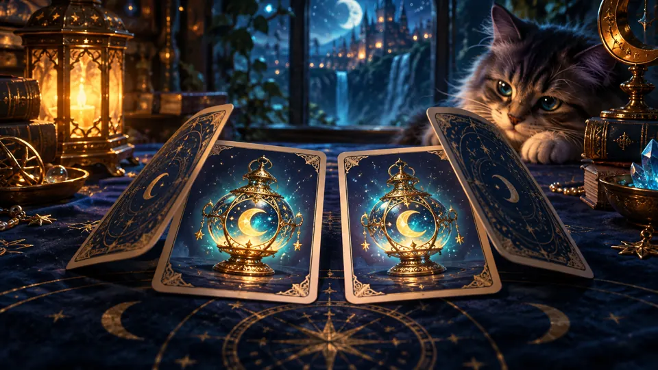 Matching picture cards turning over on a lantern-lit table