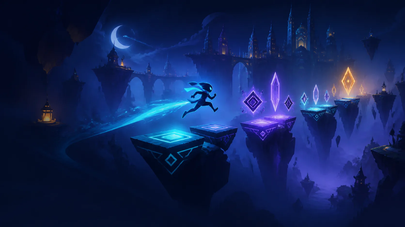 A magical runner leaping between glowing rune platforms above a midnight floating city