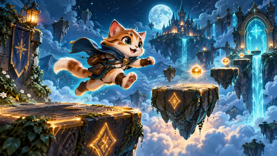 An adventurer leaping across floating platforms above clouds