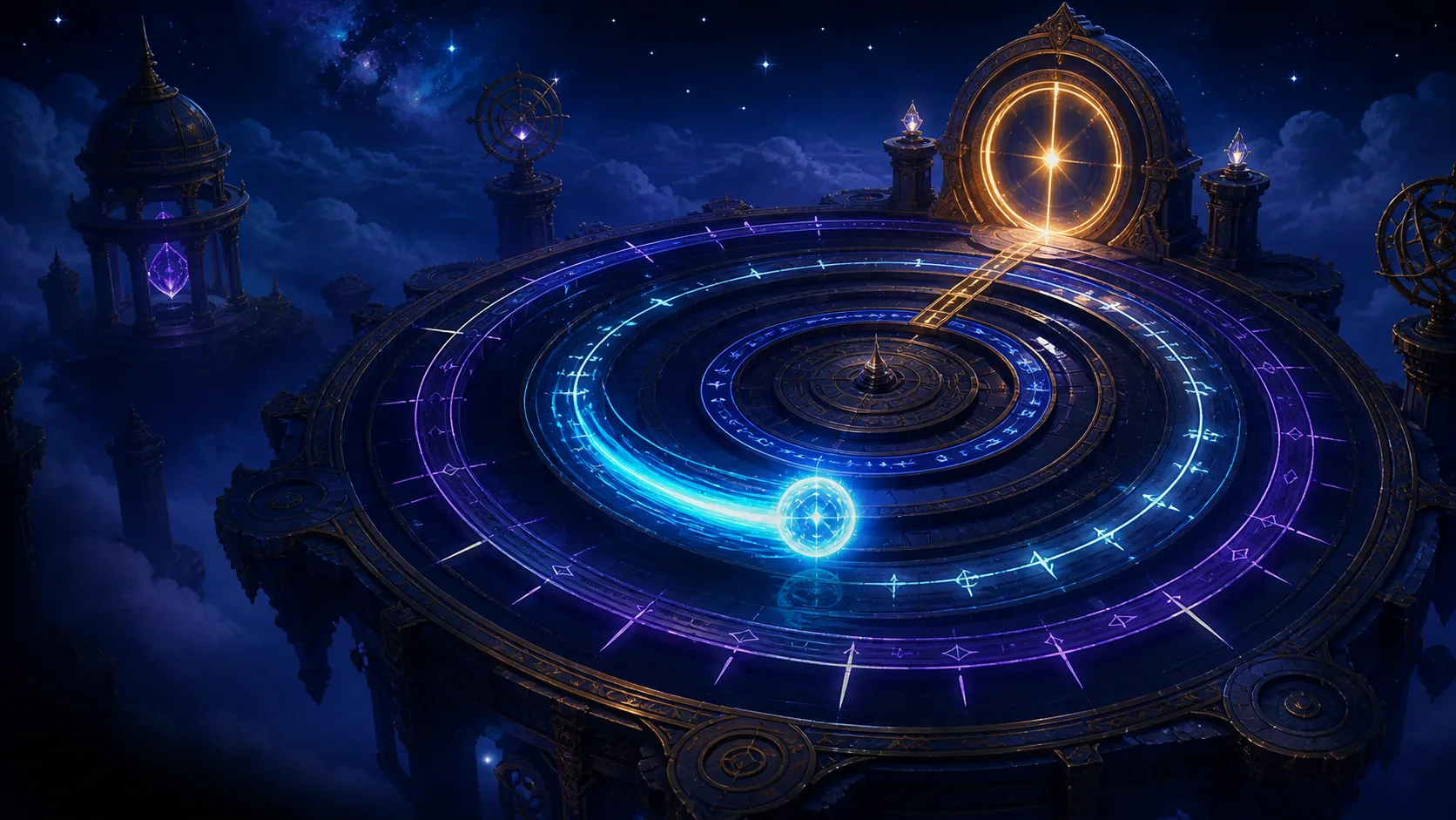 A luminous signal orb racing around celestial rings toward a golden target gate