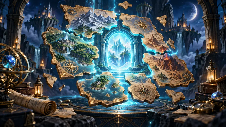 A fragmented fantasy map joining to open a luminous portal