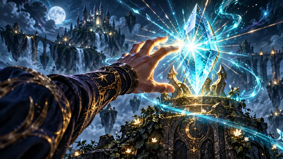 A hand reaching toward a radiant crystal at the instant it flashes