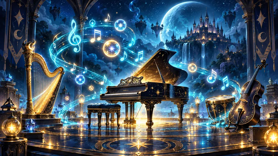 Musical light and rhythm orbs flowing across a night stage