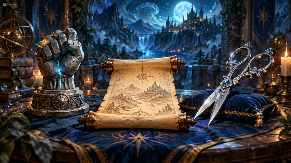 Stone, parchment and silver shears set for a friendly duel