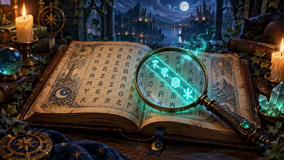 An open rune puzzle book with a magnifying glass and glowing clues