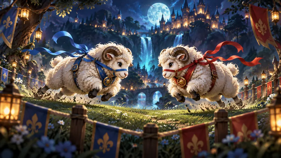 Whimsical sheep facing off in a moonlit fantasy meadow
