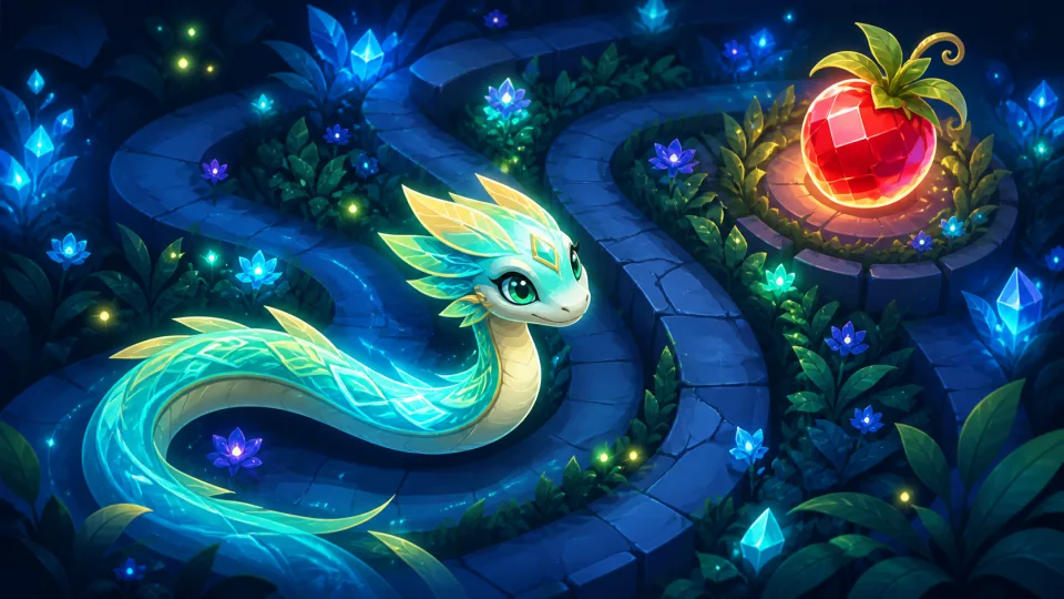 A luminous fantasy serpent weaving through an enchanted midnight garden
