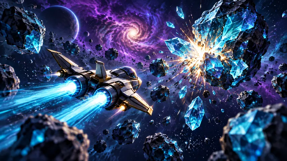 A small spacecraft blasting through crystalline asteroids
