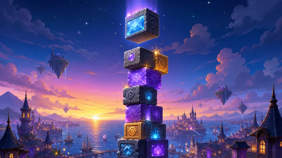 A magical tower of glowing blocks rising above a fantasy city