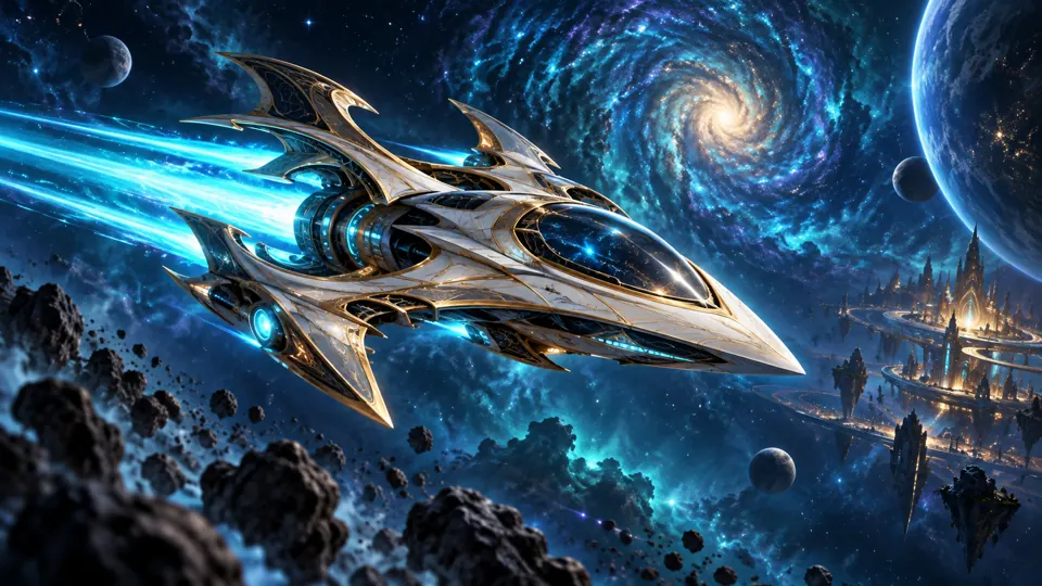 A sleek space fighter firing through a blue starfield