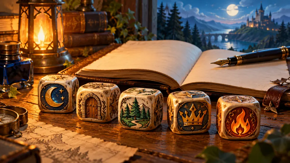 Five symbolic story dice beside a blank journal on a lantern-lit desk