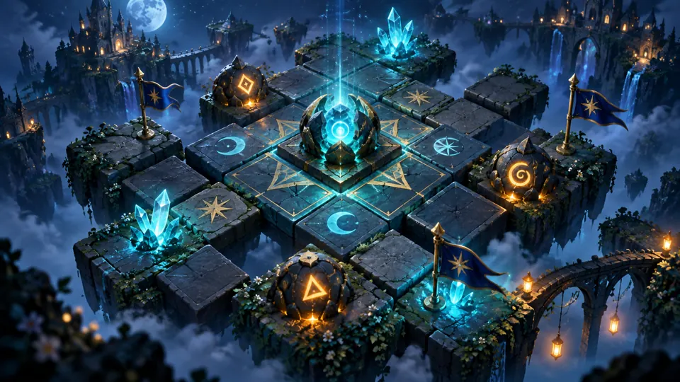 An enchanted field of puzzle tiles with flags and hidden mines