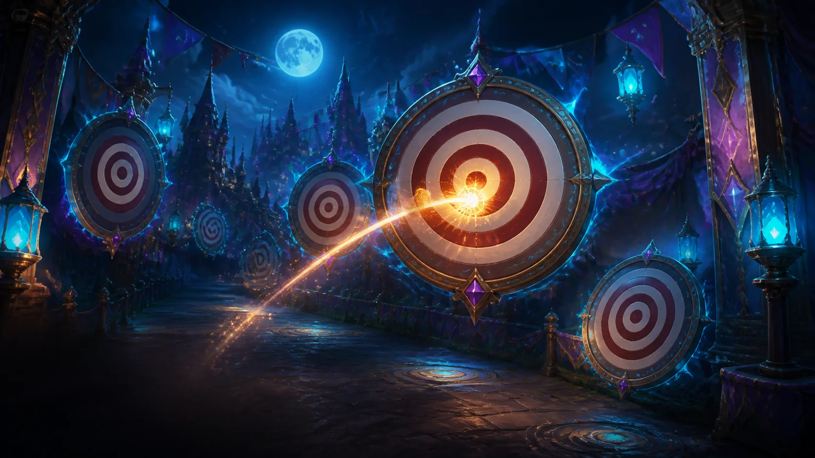Floating enchanted bullseyes glowing beneath cyan lanterns in a moonlit fantasy fairground