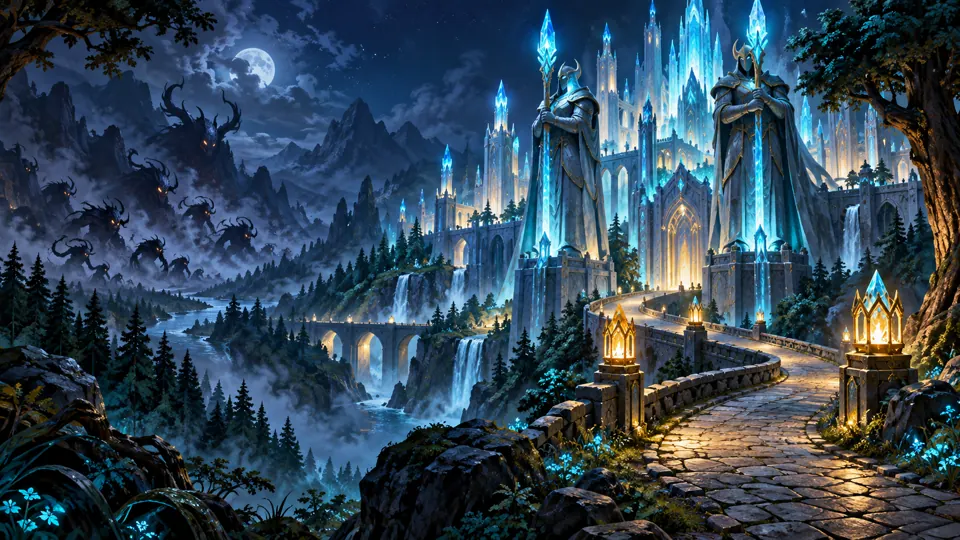Crystal towers defending a winding road through the forest
