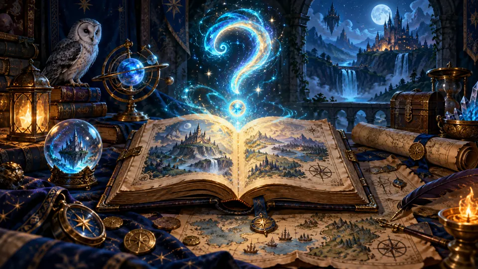 An open lore book surrounded by maps and magical artifacts