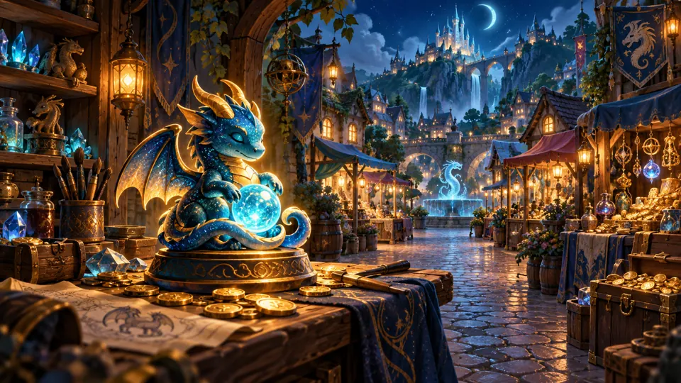 A cozy fantasy workshop growing into a busy market street