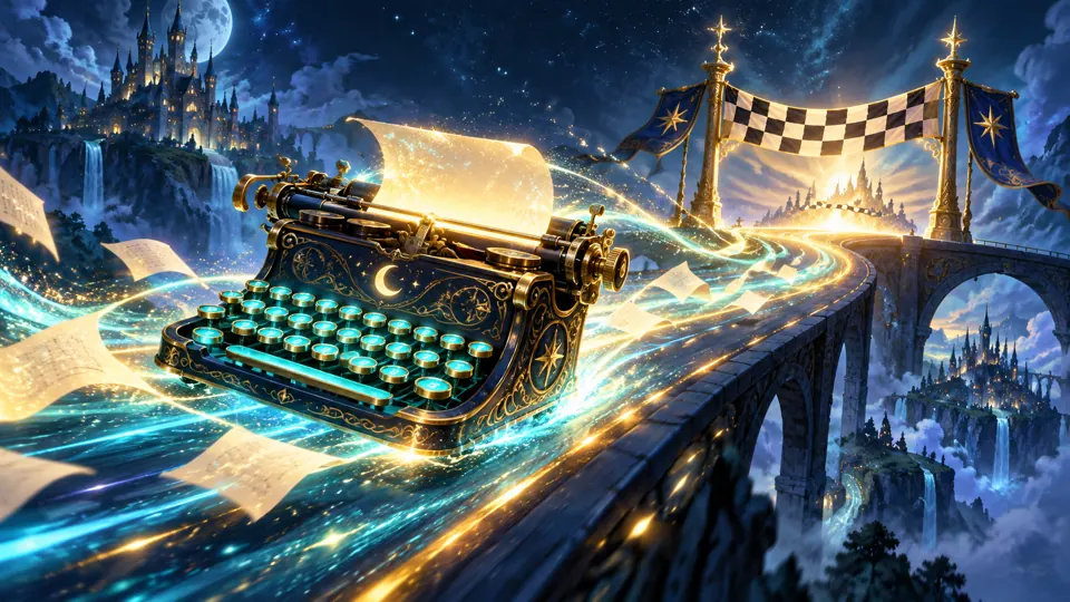 A magical typewriter with luminous keys and racing sparks