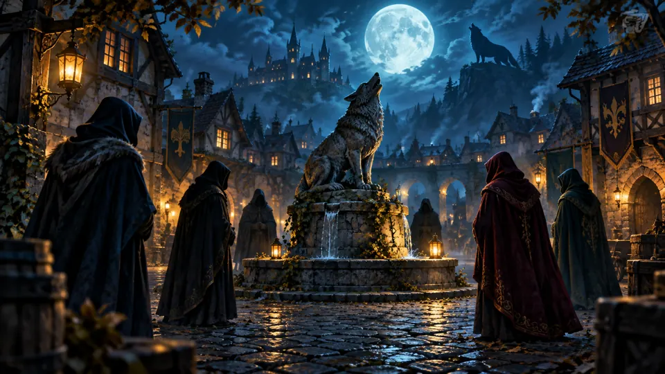 A mysterious wolf silhouette beneath the full moon over a dark village