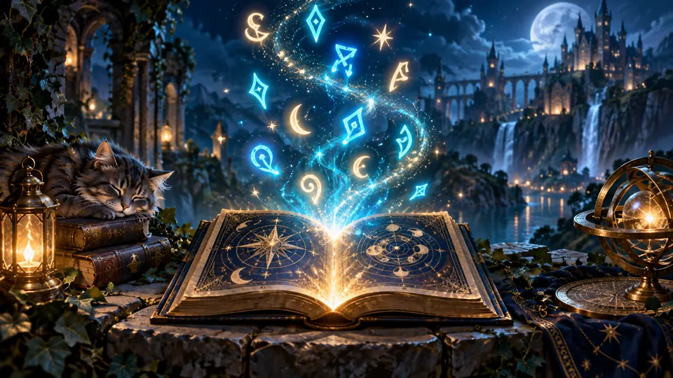 Glowing letter-like runes swirling around an open puzzle book