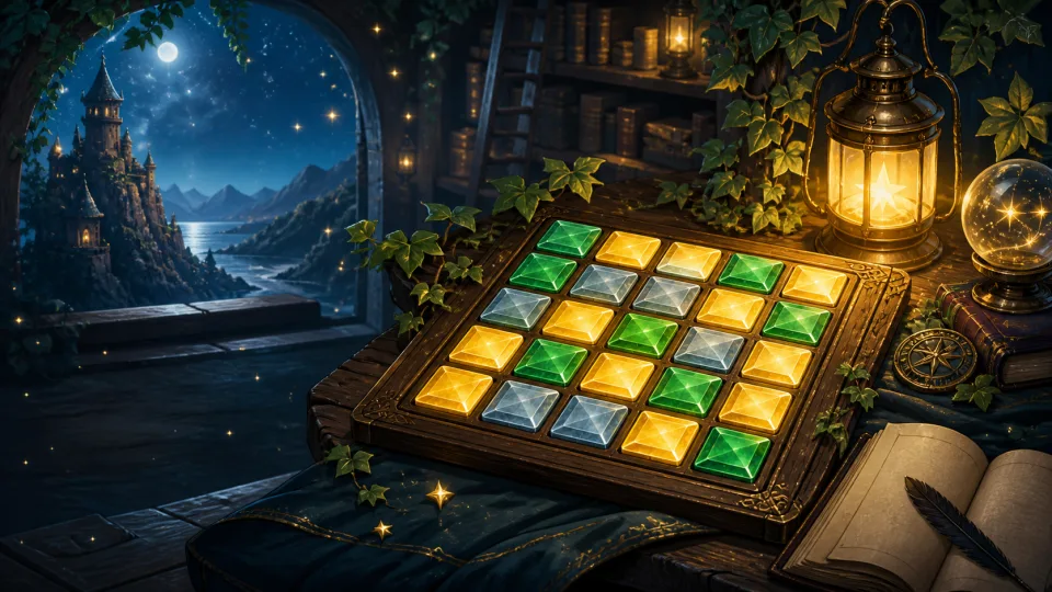 A jewel-tile word puzzle on a lantern-lit table in a magical library