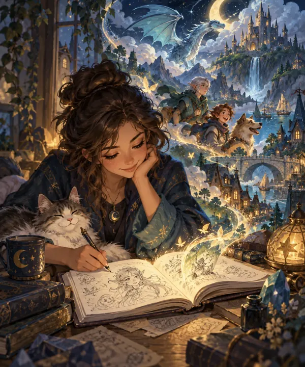 A creator sketches a character as a fantasy world takes shape around her
