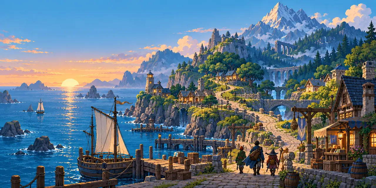 Illustration of a coastal fantasy village